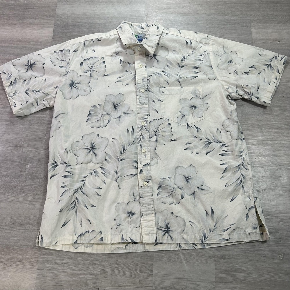 RJC Shirt Mens Large White Floral Hawaiian Short Sleeve Button Up Made In USA